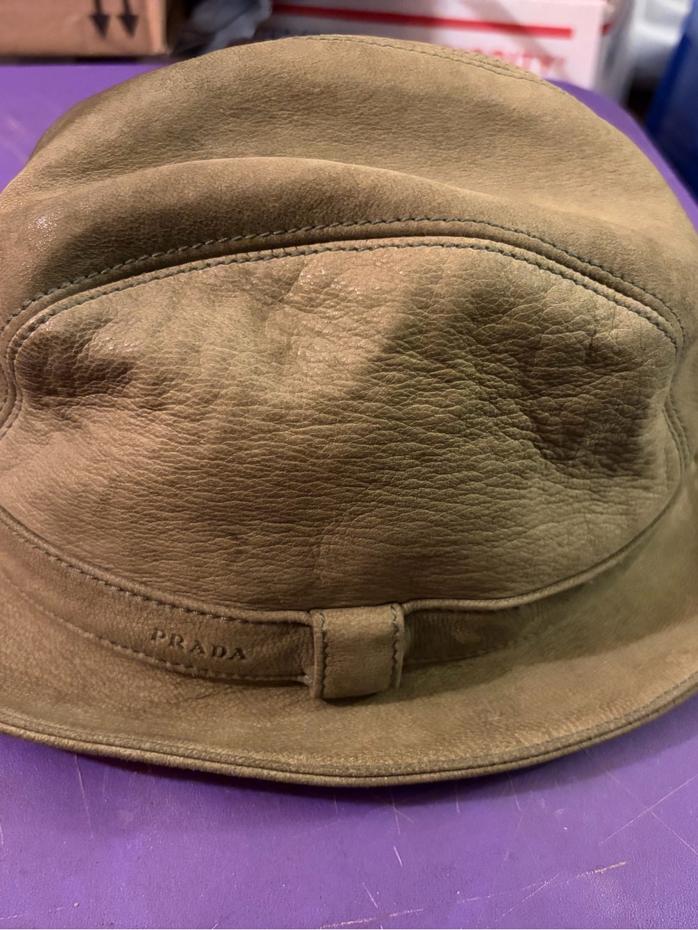 Prada Fedora Suede Leather Hat-Mens Small-Green/Olive-Made In Italy